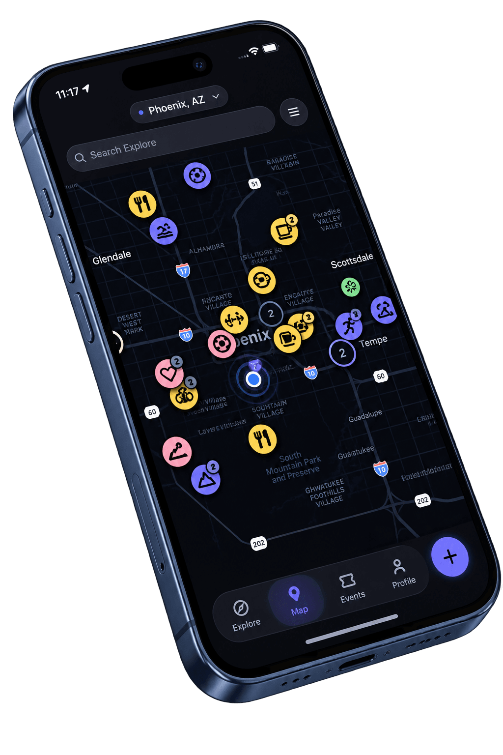 LŮP Explore map on iPhone — live activity pins across Phoenix, Tempe, and Scottsdale